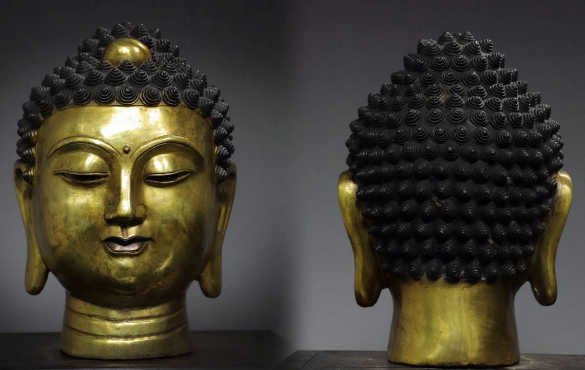 ◆明神◆極上珍品・中国・時代物・銅金彫・釈迦摩尼首像・金水厚重・旧蔵・仏教文化・仏教美術・古美術・古董品