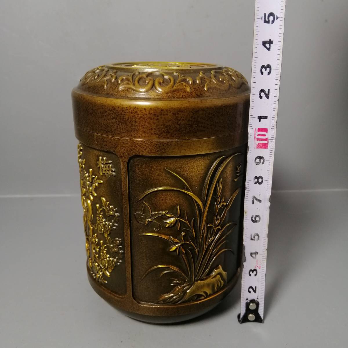 2~P2242 中国骨董品 銅制 極細工『骨董銅器の梅蘭竹菊茶壺です』 風水 