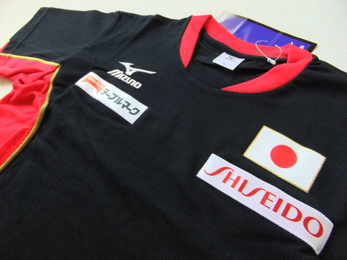 XSサイズ 体操 日の丸 JAPAN 日本代表 半袖シャツ スポンサーエンブレム付き トレーニング Tシャツ ミズノ 黒×赤