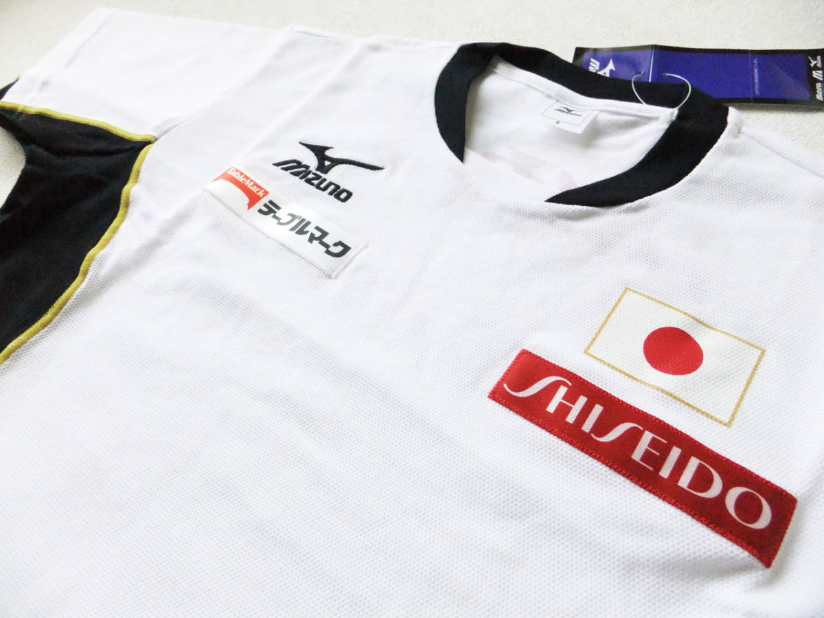 Ｓサイズ 体操 日の丸 JAPAN 日本代表 半袖シャツ スポンサーエンブレム付き トレーニング Tシャツ ミズノ 白×黒