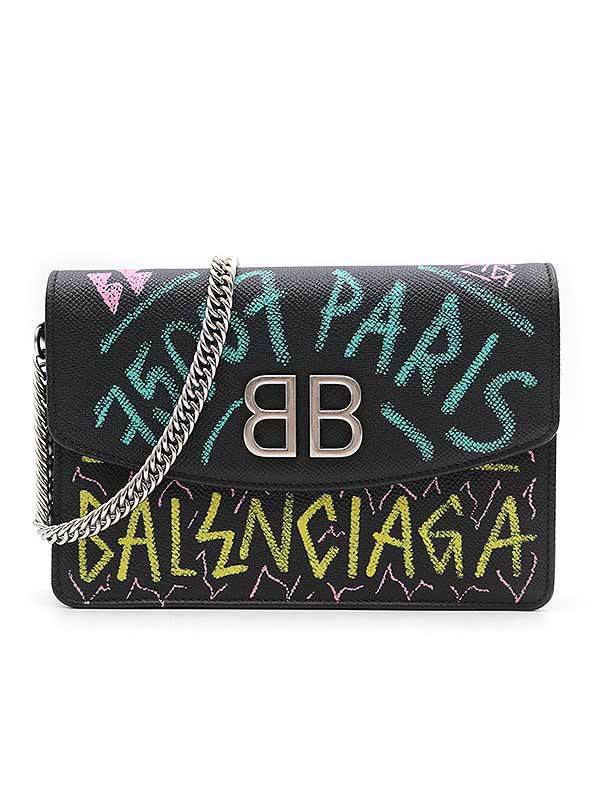 注目 バレンシアガ BALENCIAGA CHAIN ブラック チェーンレザーハンドバッグ グラフィティプリント BAG GRAFFITI かばん、バッグ