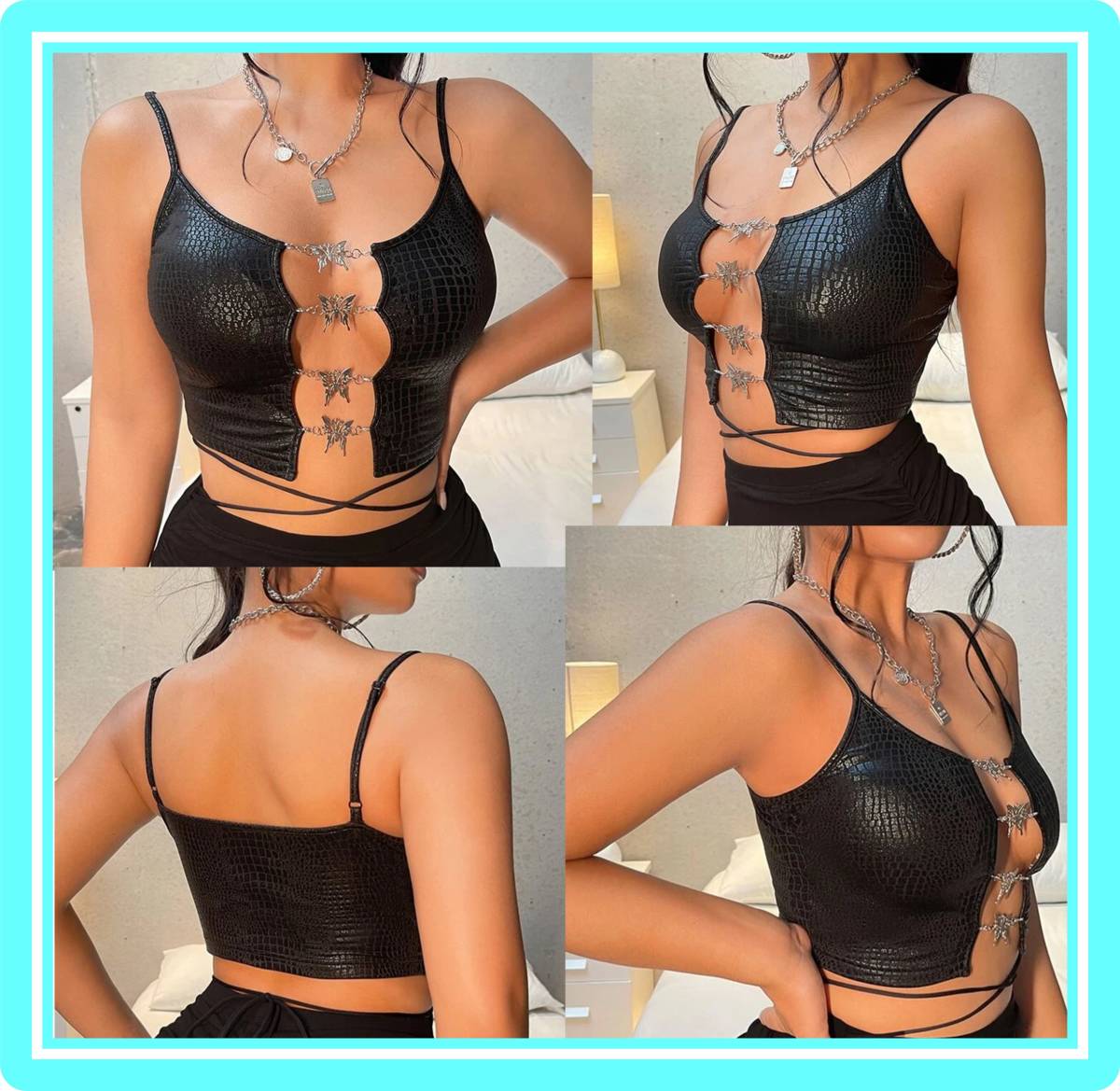 &hearts; super Sexy* fake leather * Cami top * open front * metal accessory * barely * butterfly sexy &hearts;