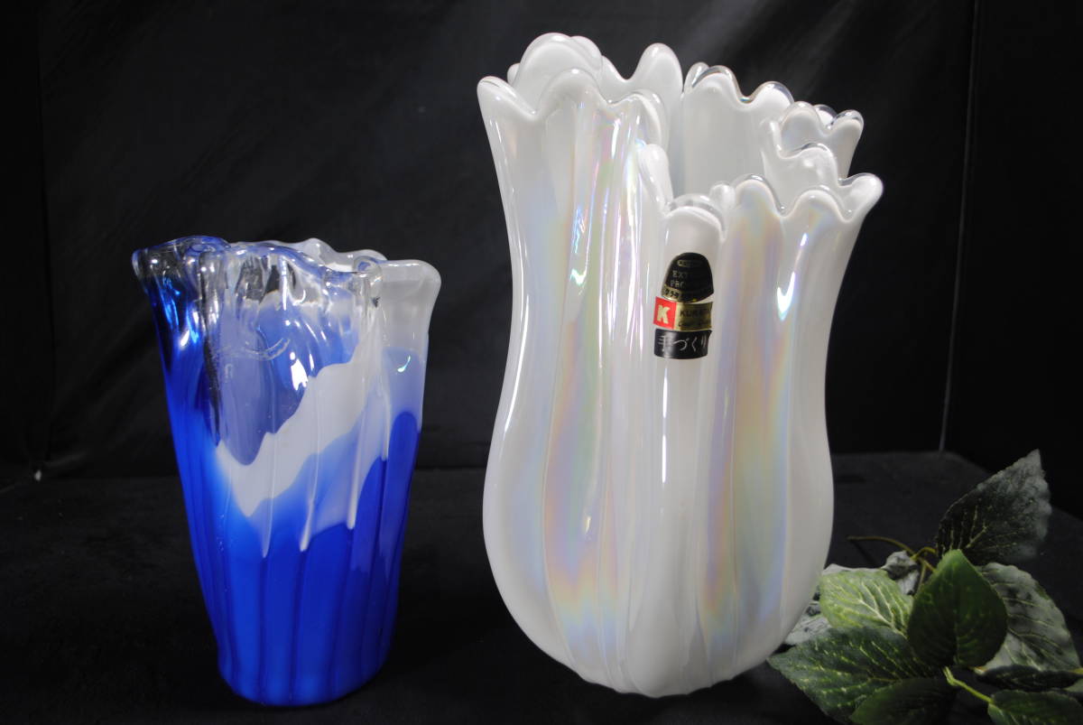 /.784.[2 позиций комплект ] ваза для цветов ваза голубой & белый Aurora обработка KURATA craft стакан ручной работы стеклянный 
