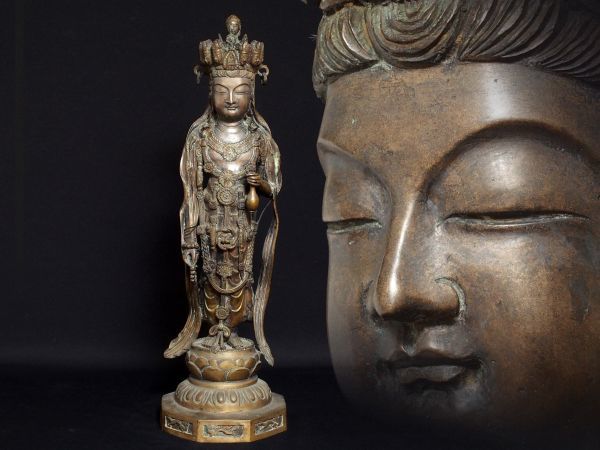 U687. 時代仏教美術 古銅 九面観音立像 観音菩薩像 高さ71cm / 仏像金工美術東洋彫刻美術置物