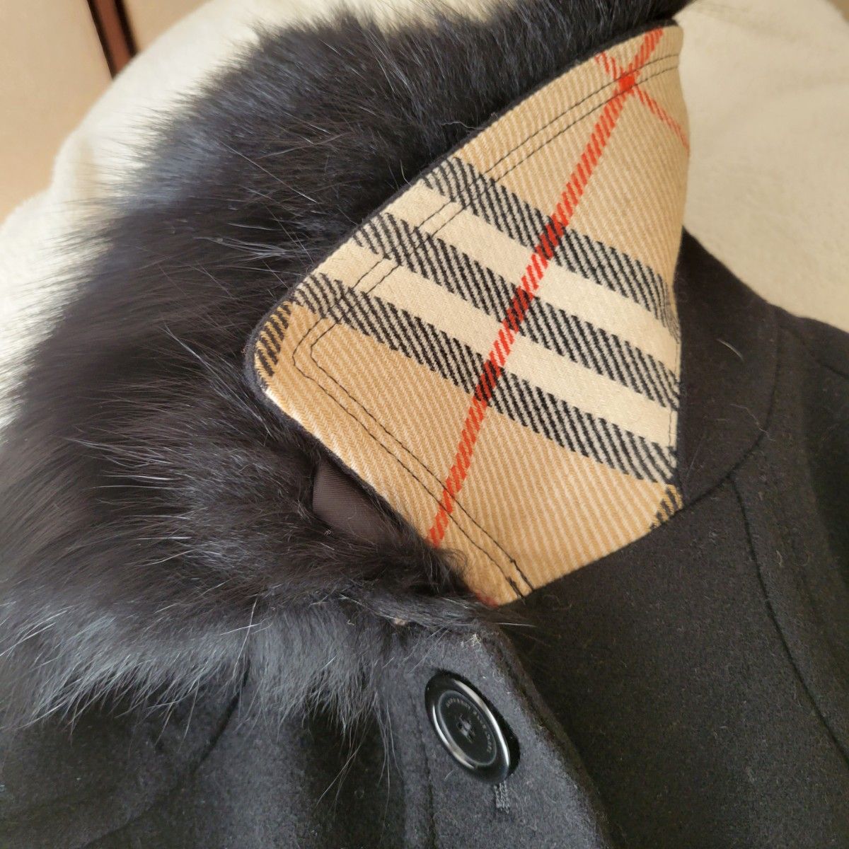 BURBERRY ウール アンゴラ ロングコート フォックスファー ブラック