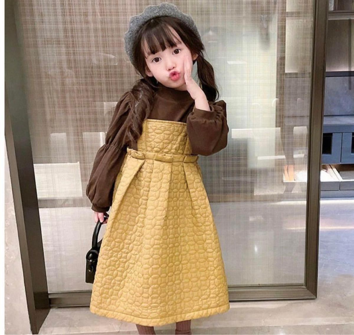 【あたたかい】子供服 女の子 120サスペンダーワンピース キルティング