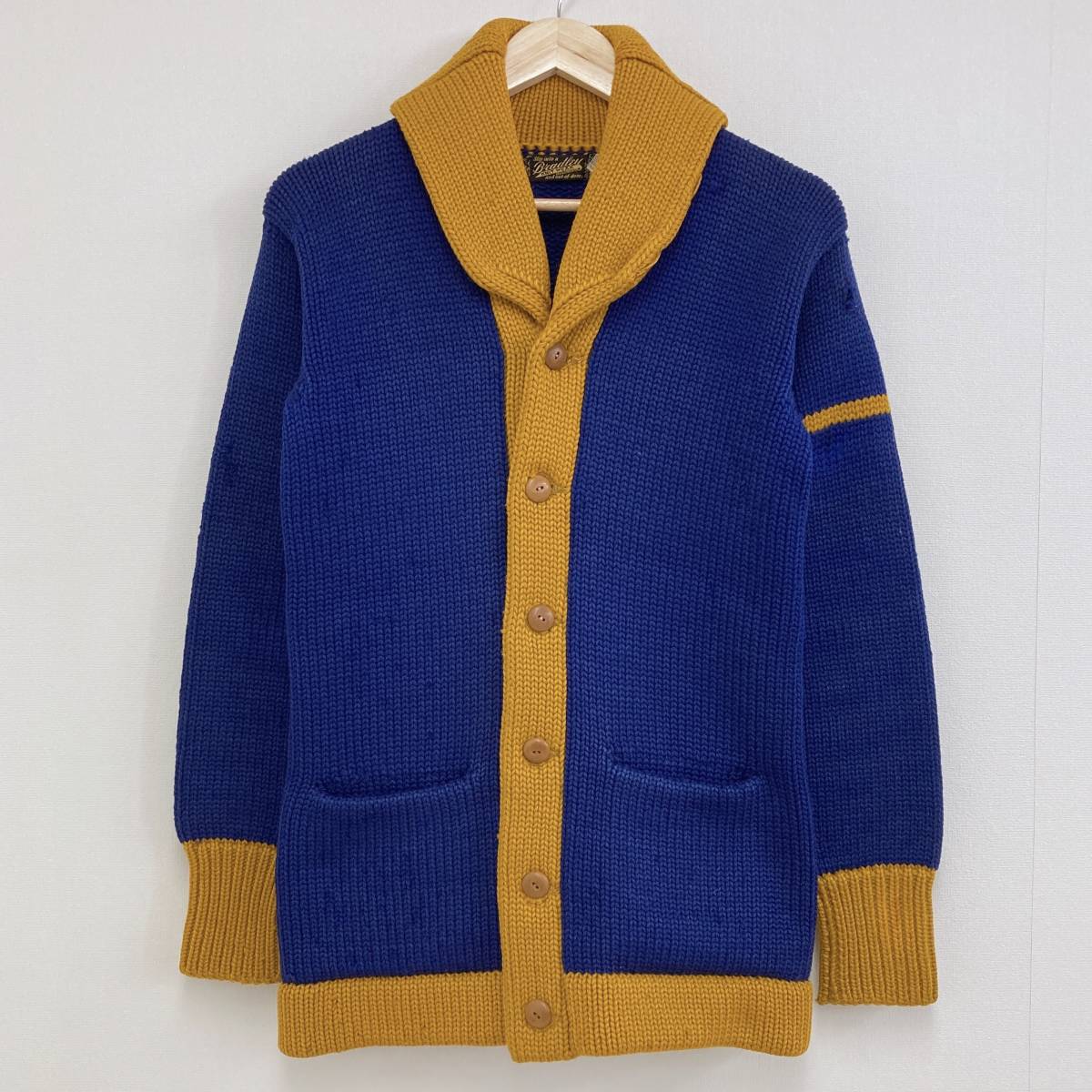 30s USA made VINTAGE BRADLEY KNIT WEAR shawl color low gauge knitted cardigan two-tone mustard Vintage sponge gourd collar 0258