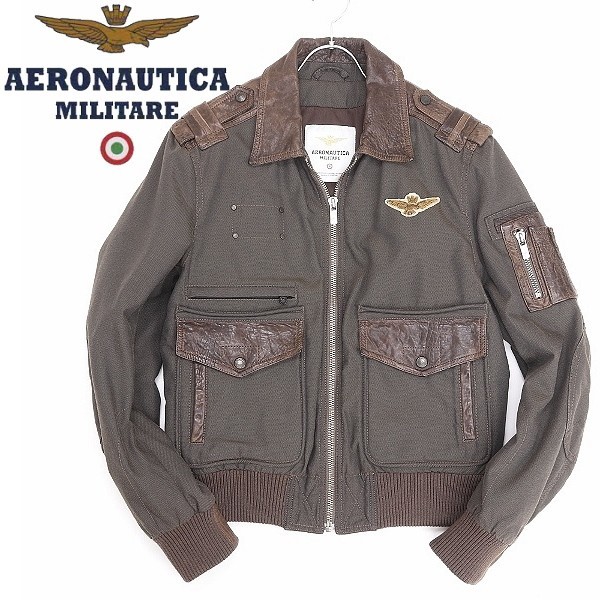 美品◆AERONAUTICA MILITARE アエロナウティカ ミリターレ レザー使い ロゴワッペン エルボーパッチ 中綿 ジップ ジャケット 48_画像1