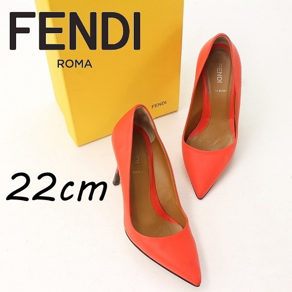 ◆FENDI フェンディ レザー ポインテッドトゥ ヒール パンプス ビビットオレンジ 34_画像1