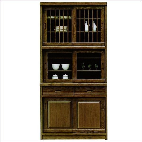 食器棚 完成品 幅93cm 引き戸 和 和風 キッチンボード 木製 収納家具 ●ブラウン