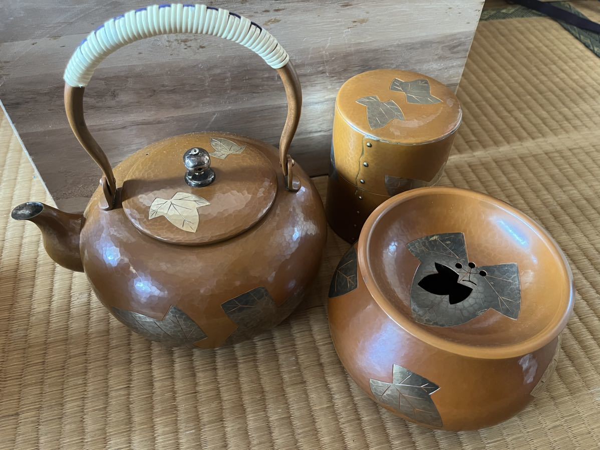 日本未発売】 無形文化財 鎚起銅器 葉紋 銅製 茶器セット 湯沸