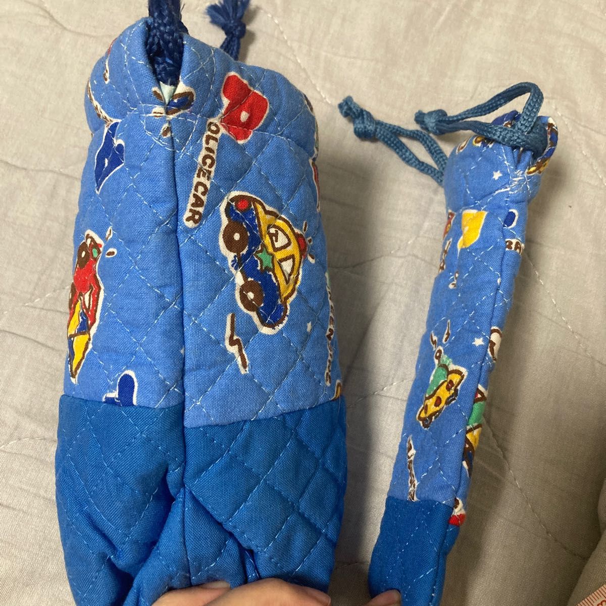 手作り　ポーチ　2個セット　ミニ巾着　ブルー　キルティング　男の子　幼稚園　キッズ　子供用