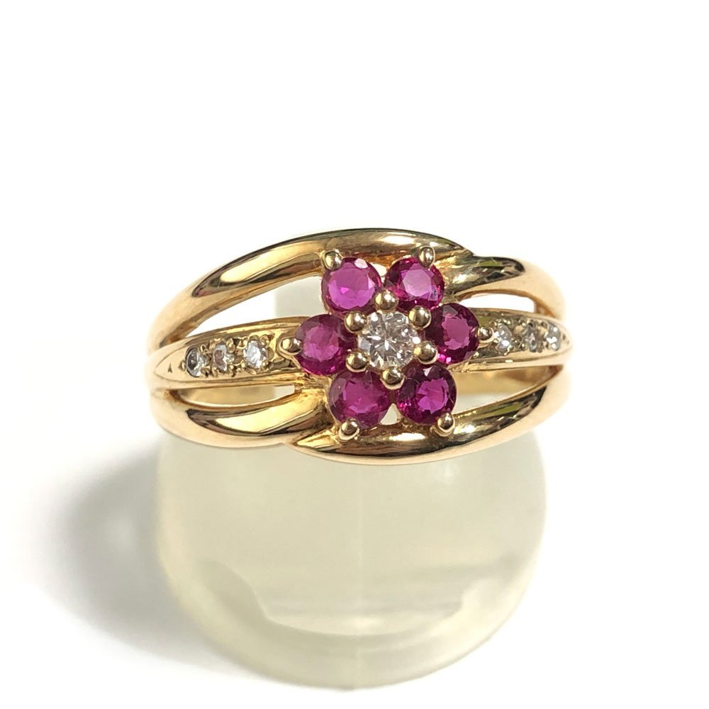 K18 ルビー0.54ct ダイヤモンド0.11ct お花 フラワー リング 指輪