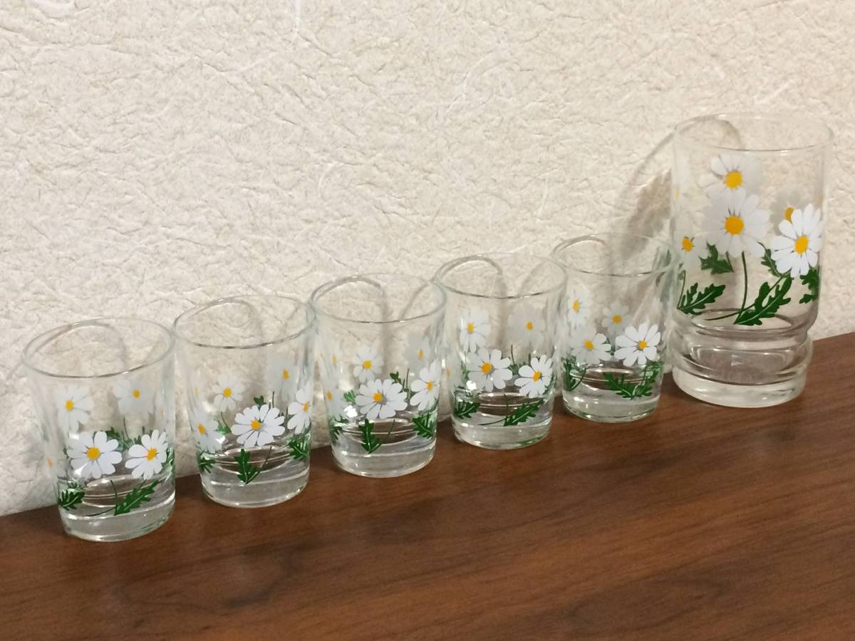 昭和レトロ ガラス アデリア グラス 野ばな ショットグラス Wウイスキー 5個 オマケ1個の画像1
