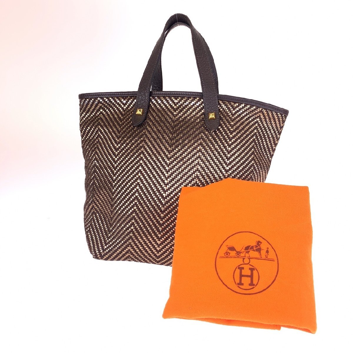 HERMES エルメス カバチェンナイPM ブラウン ゴールド レザー