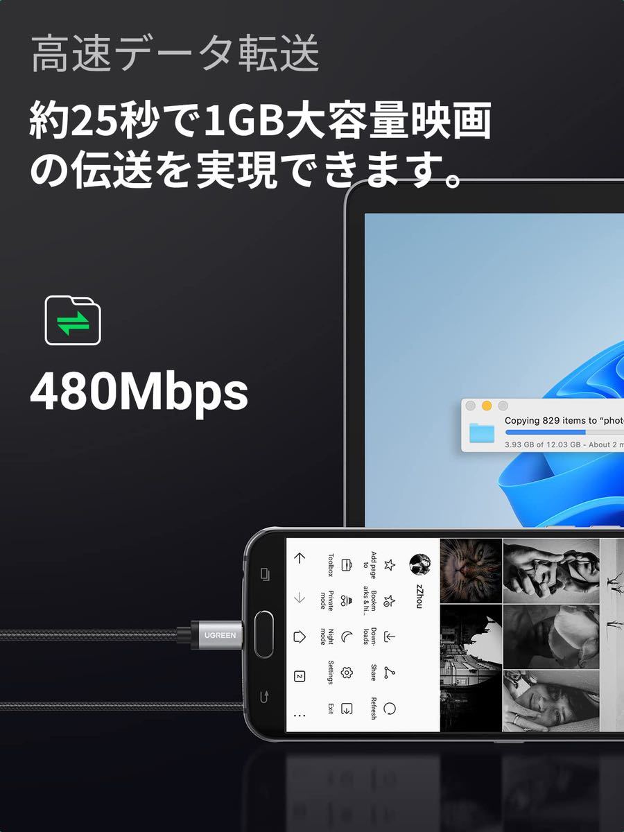 【未検品】Micro USB ケーブル 急速充電 android ケーブル AA1061 高速データ転送 ナイロン編組み 10000回+の曲折テスト Xperia_画像4