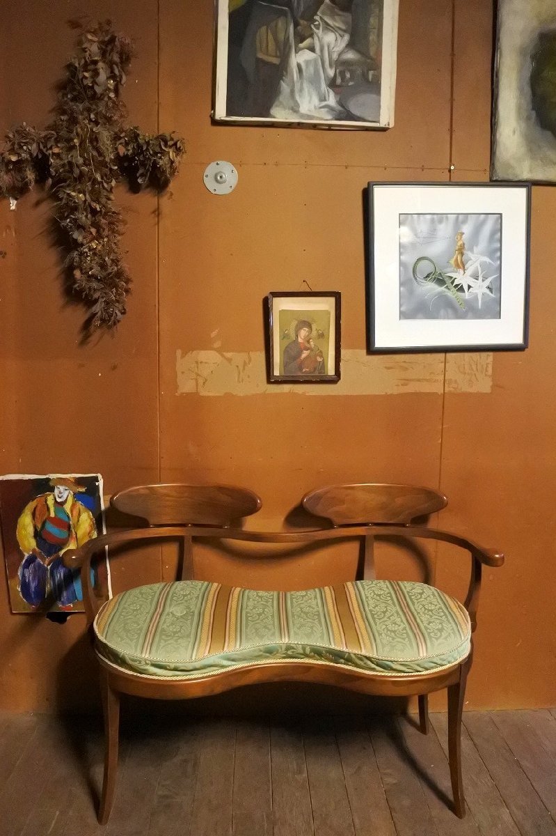 イタリア クラッシック アーム ダイニングチェア ソファ ベンチ ２P/アンティーク ビンテージ 椅子 高級 ロココ グリーン 刺繍 彫刻