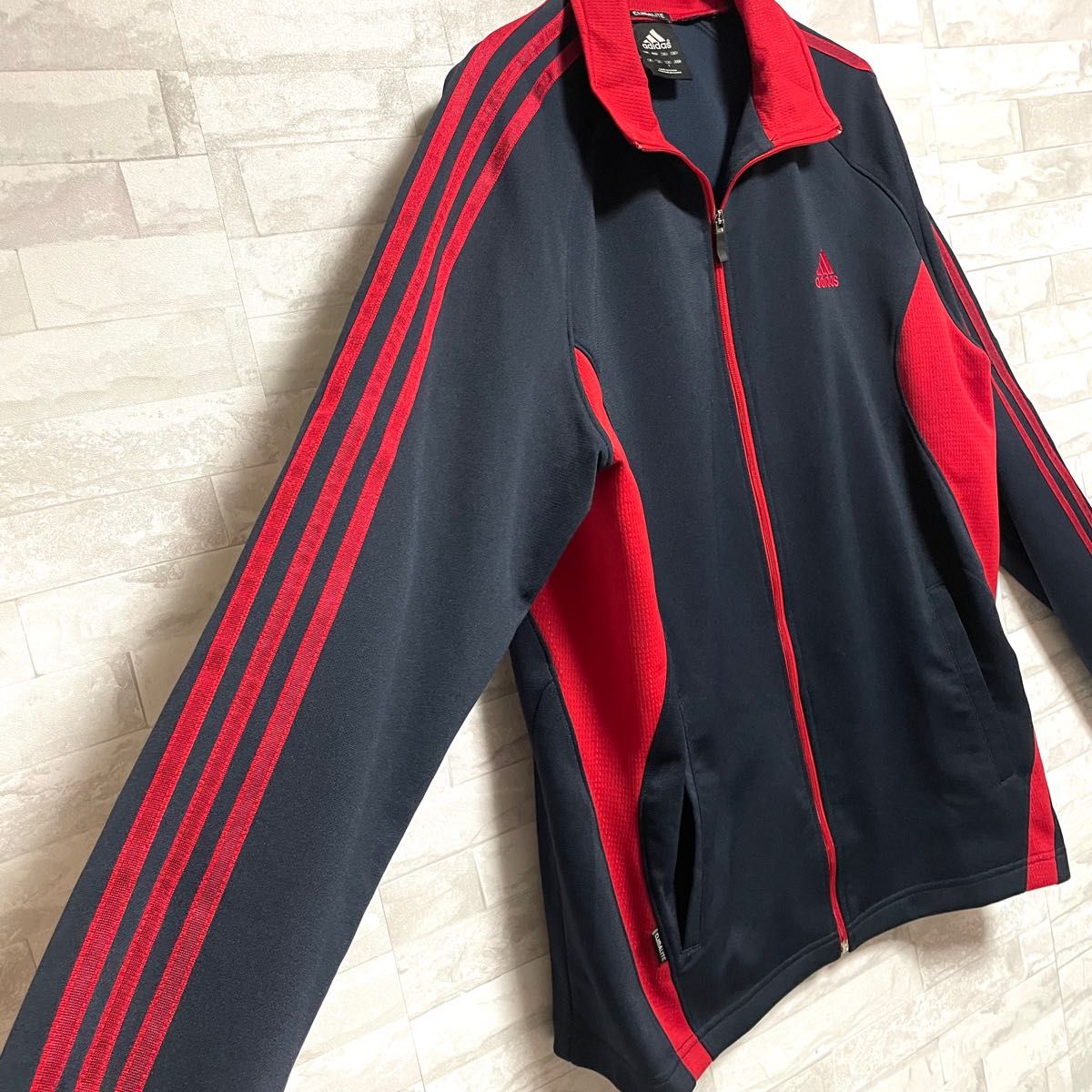 【adidas】アディダス　トラックジャージ　ジャージジャケットADIDAS メンズ　Lサイズ　ネイビー　レッド3本ライン　古着