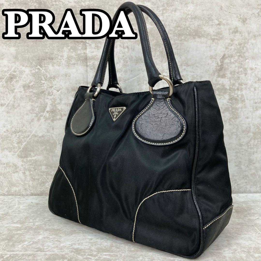 良品 PRADA プラダ ハンドバッグ 三角プレート ロゴ ステッチ 手提げ