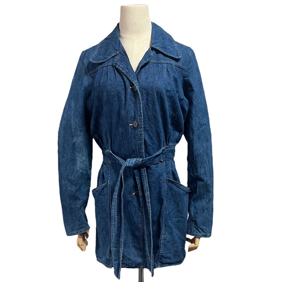 【1970s】ビンテージ　ライトデニムカバーオール　コート　ジャケッシャツ　古着　USA製　ワンピース　インディゴ　オープンカラー