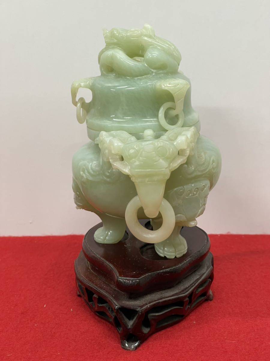 中国玉石岫玉彫刻雙耳活環龍鈕蓋爐香炉C R404
