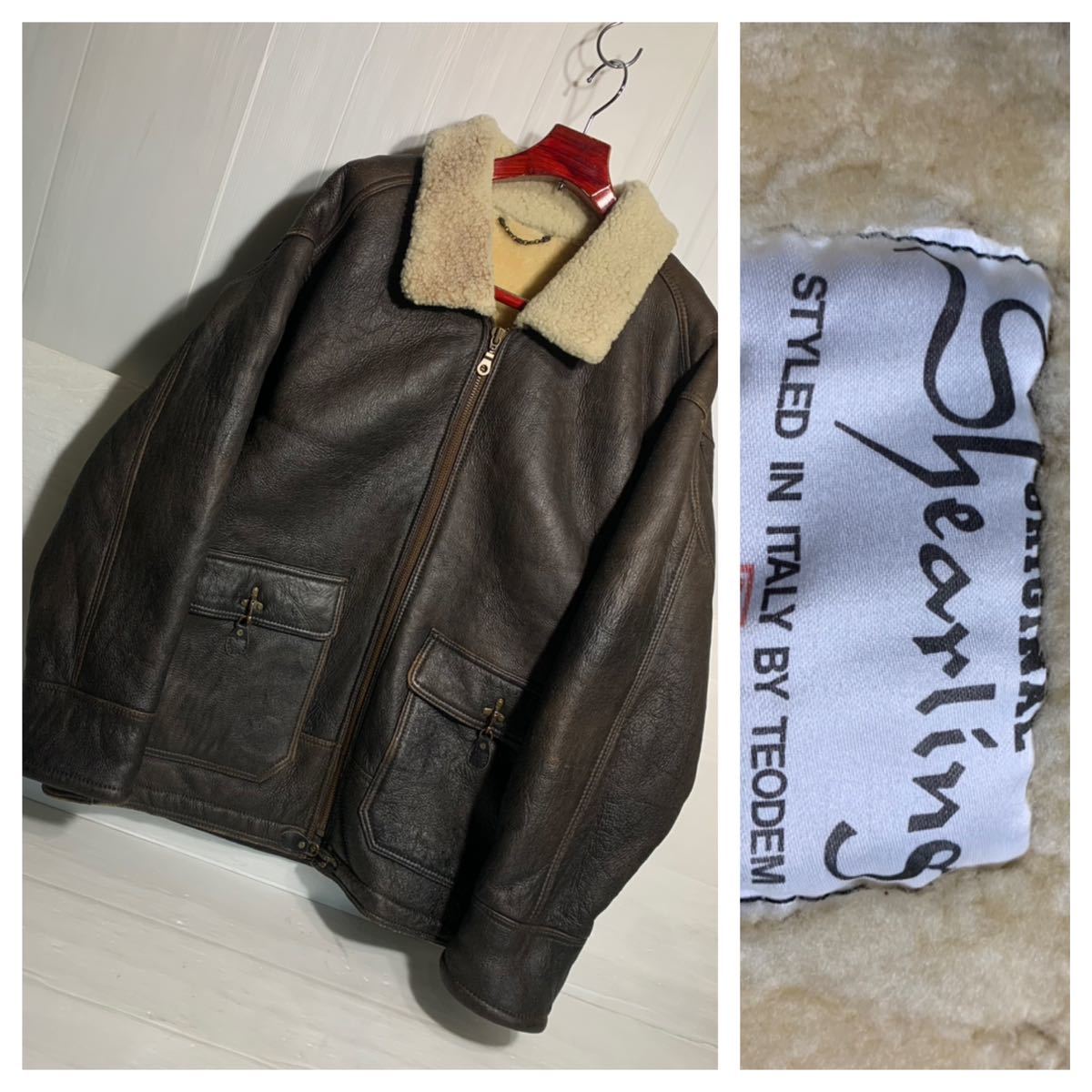 ORIGINAL Shearling STYLED IN ITALY BY TEODEM テオデム　イタリア製？　羊毛皮　B-3風　ムートン　レザーフライトジャケット　焦げ茶　XL
