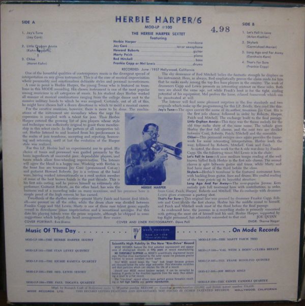 US盤MODE灰両溝オリジナルMono Herbie Harper/Herbie Harper Sextet_画像2