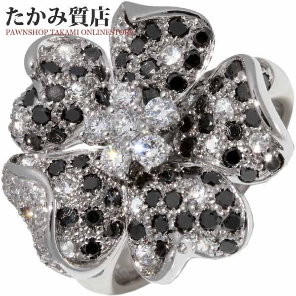 指輪 K18WG ブラックダイヤ1.07ct ホワイトサファイア0.48ct ダイヤ0.25ct 花