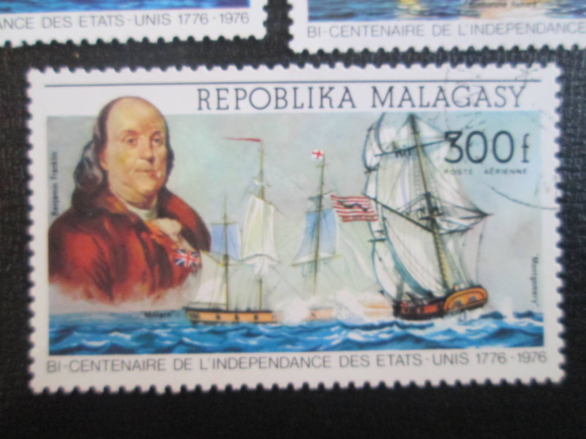 マラガシ共和国（マダガスカル）　1975年 米国独立200周年記念　40～300fr米国米国独立運動の英雄と当時の戦艦　5種完　　プリキャンセル_画像6