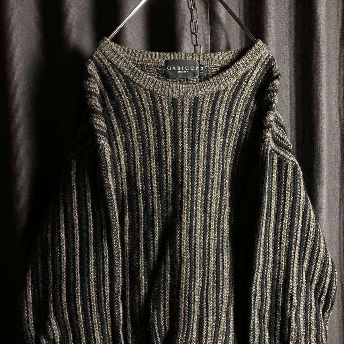 【昭和レトロ】ストライプ　立体編み　デザインウールニットセーター　日本製　Mサイズ ビンテージ古着