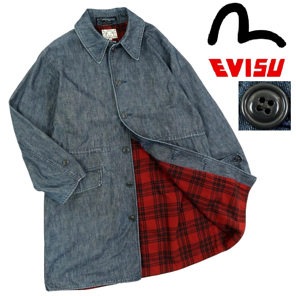 【B2111】【美品】【日本製】EVISU エヴィス ステンカラーコート デニムコート コペンハーゲン 裏地チェック柄 サイズ38_画像1