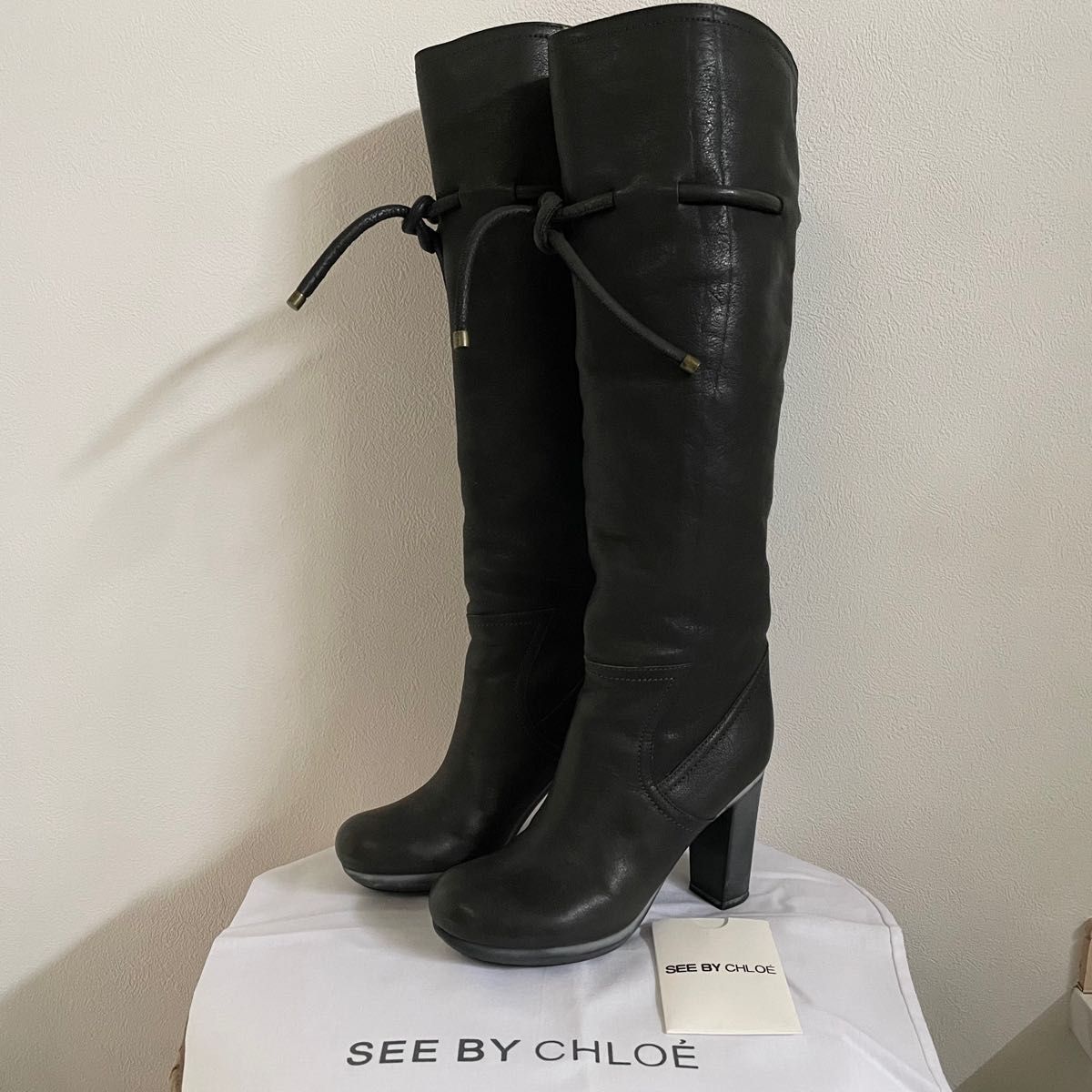 SEE BY CHLOE 本革レザー×裏ボア太ヒール　ロングブーツ35 22.5 ダークグレー　シーバイクロエ