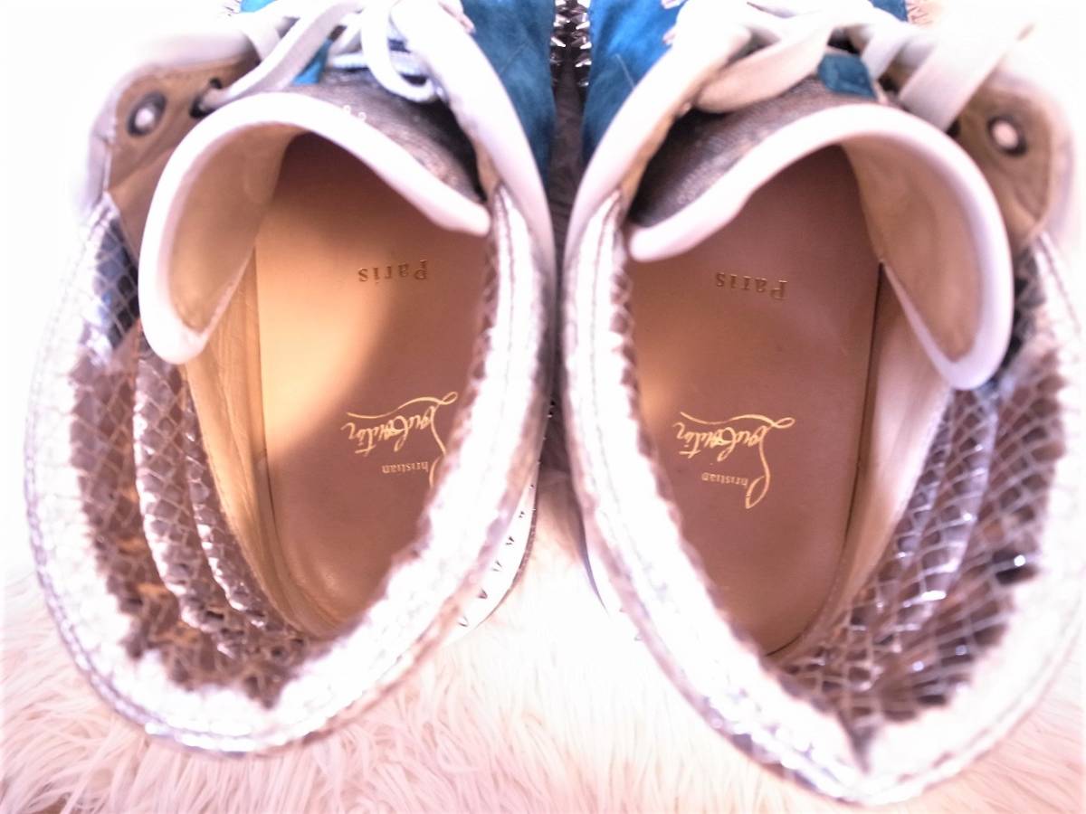 42希少 Christian Louboutin エメラルドグリーン シルバー スパイク クリスチャンルブタン スワロ メンズ ハイカットスニーカー _画像8