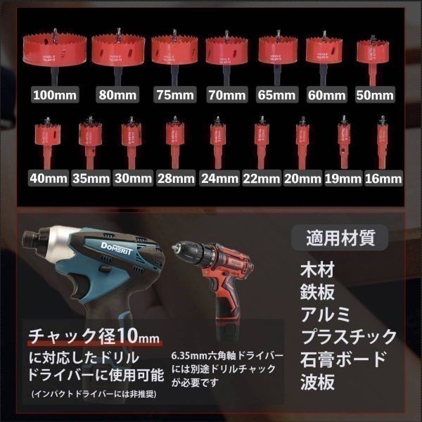 即決 即納 お得な16点セット バイメタルホールソー 直径16～100mm 超硬ホルソー 木工穴開け 工具ドリルビット 鉄工キリ 電動ドリル 穴あけ_画像7