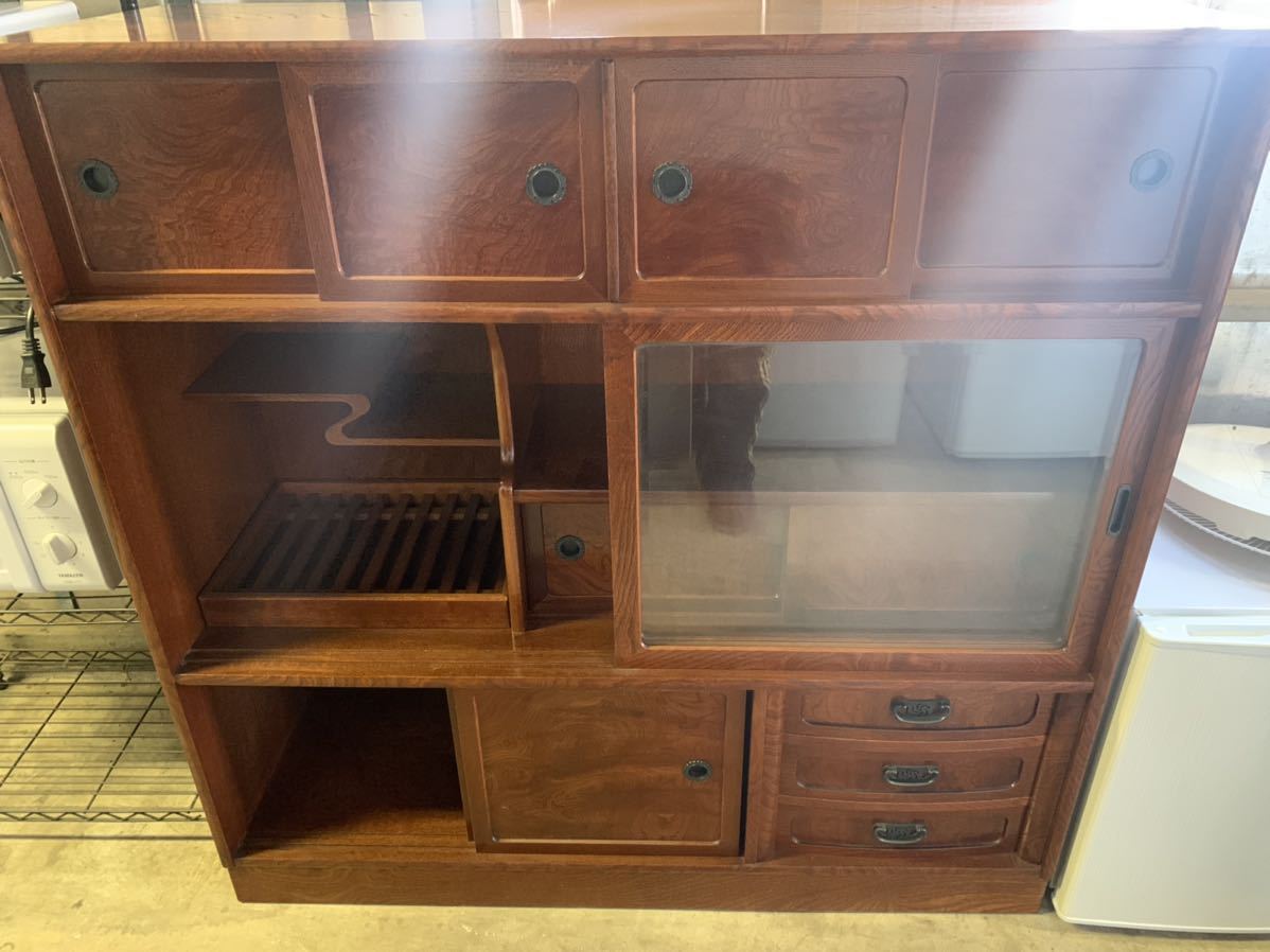 昭和レトロ 木製 水屋 箪笥 食器棚 ガラス 引き戸 引出し 高さ109cm