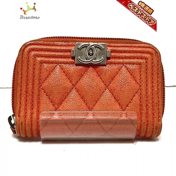美品 CHANEL フラップカードケース コインケース キャビアスキン オレンジ-