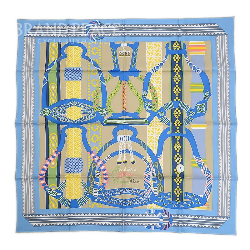 エルメス カレ90 スカーフ 鐙の幻想 FANTAISIE D'ETRIERS ブルー シルク100％ ブランドピース