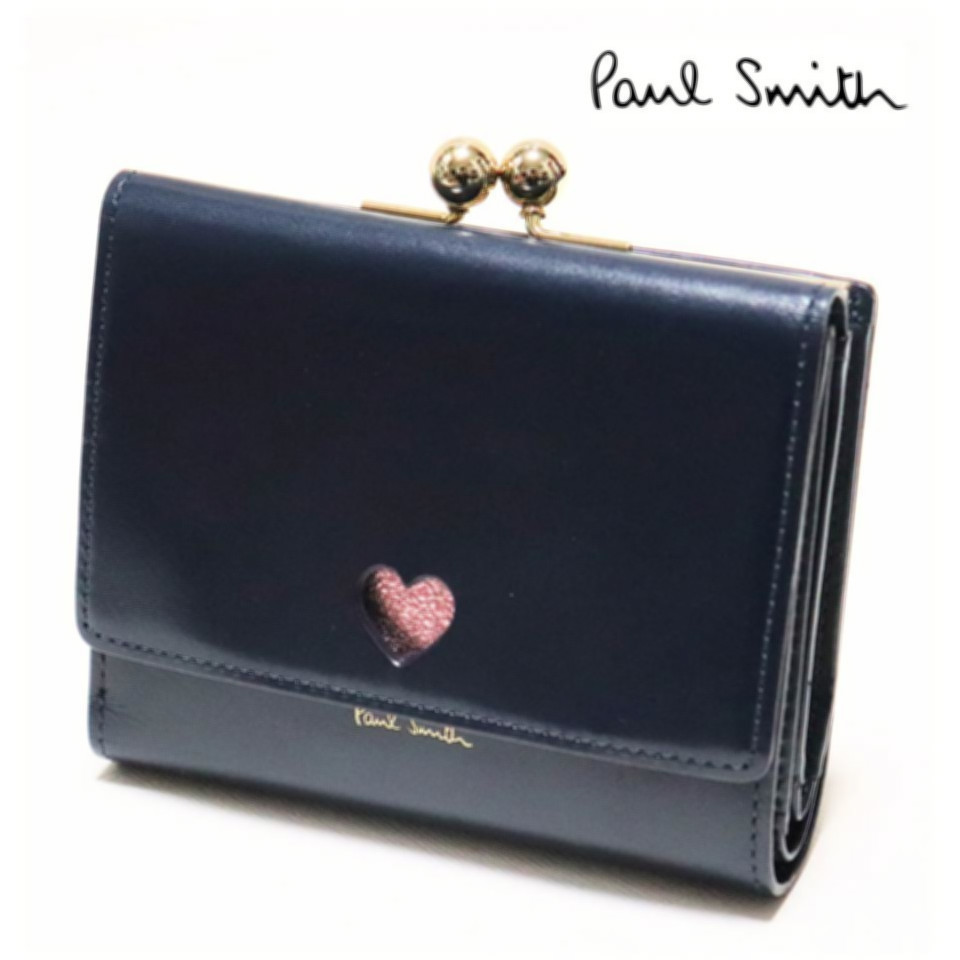 《Paul Smith ポールスミス》新品訳有 ハートモチーフ レザー3つ折りがま口財布 紺 ウォレット A7570