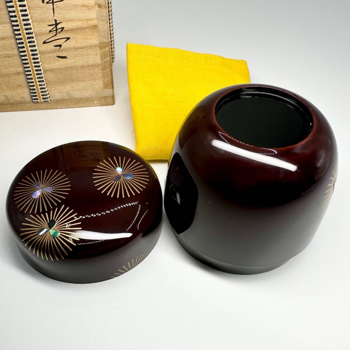 H638 棗 『塗師作』『仕覆付』『面取蕨蒔絵』『雪吹棗』 共箱