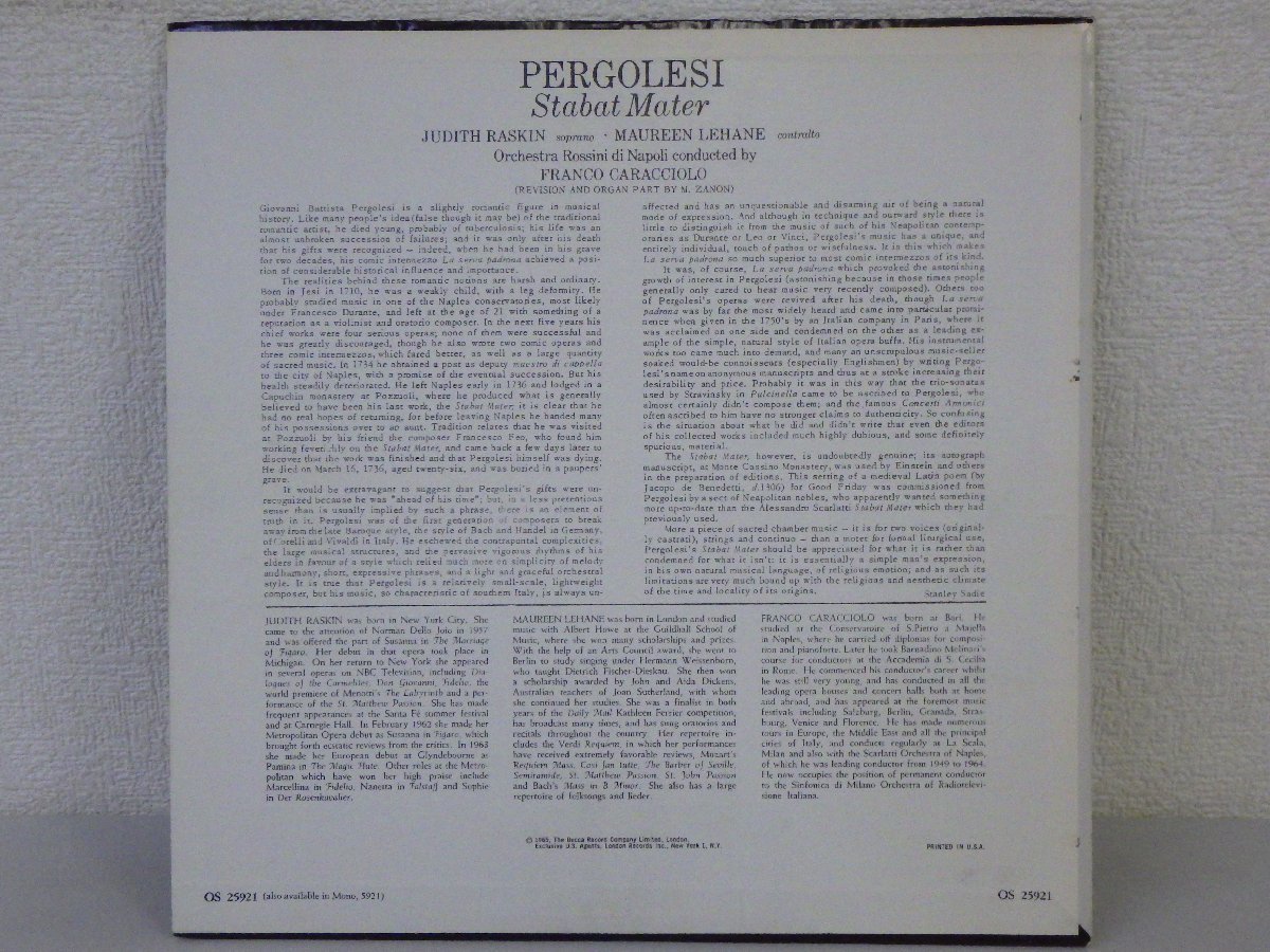 LP レコード JUDITH RASKIN ジュディス ラスキン 他 STABAT MATER PERGOLESI スターバト マーテル 【E+】 D10573D_画像2