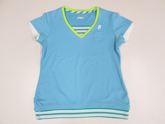 I2595：プリンス（prince）レディース テニスシャツ M ゲームシャツ半袖スポーツウェア/バトミントン/ブルー水色/WL4072_画像1