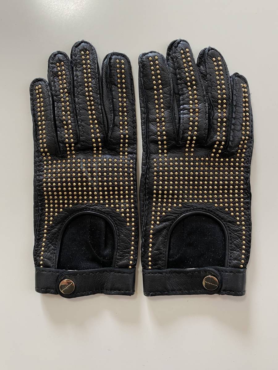 [ beautiful goods ] Burberry lady's leather glove black black leather gloves Gold studs design size 7 silk lining BURBERRY