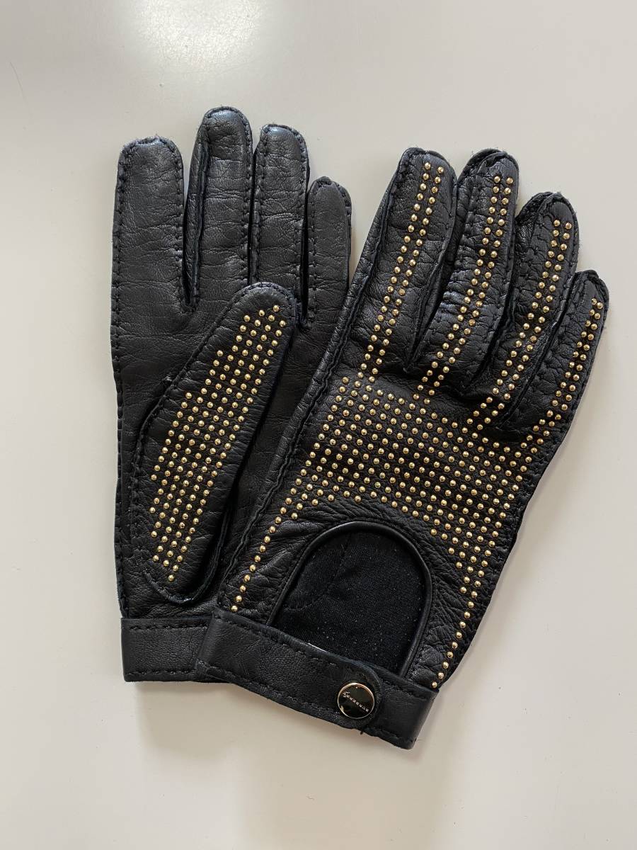 [ beautiful goods ] Burberry lady's leather glove black black leather gloves Gold studs design size 7 silk lining BURBERRY