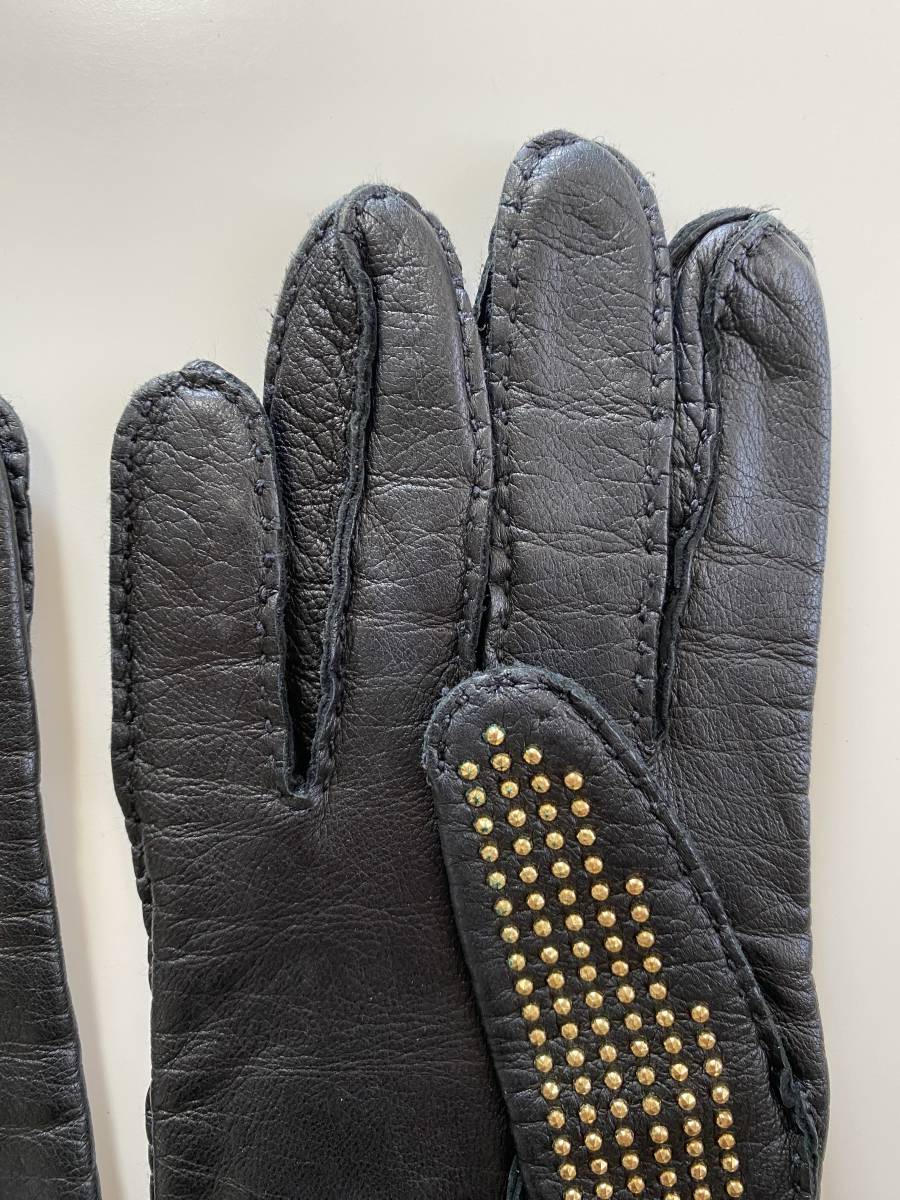 [ beautiful goods ] Burberry lady's leather glove black black leather gloves Gold studs design size 7 silk lining BURBERRY