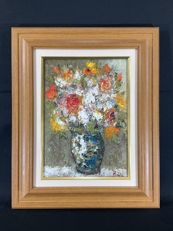 真筆】渡部ひでき作 油絵『薔薇』 油彩 厚塗り画の迫力 額縁付 静物画