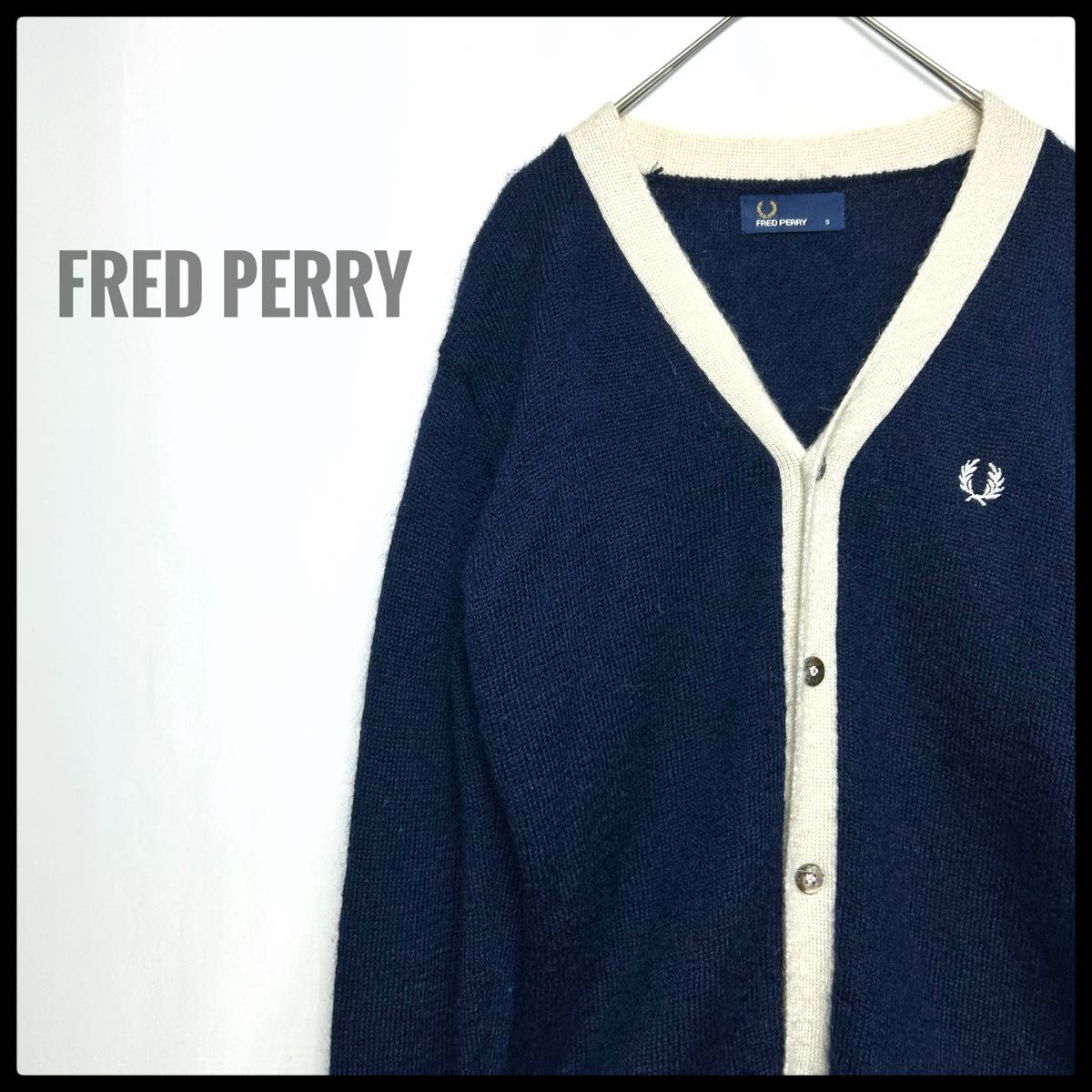 レア　ユニセックス　FRED PERRY フレッドペリー　モヘヤ55%　ニット　カーディガン　ネイビー　刺繍ロゴ　ライン