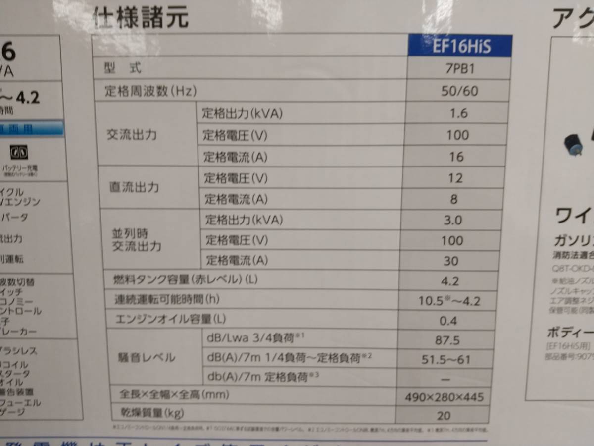 【三重県桑名市】【未使用品】ヤマハ 発電機 EF16HIS【管理番号:130305】_画像4