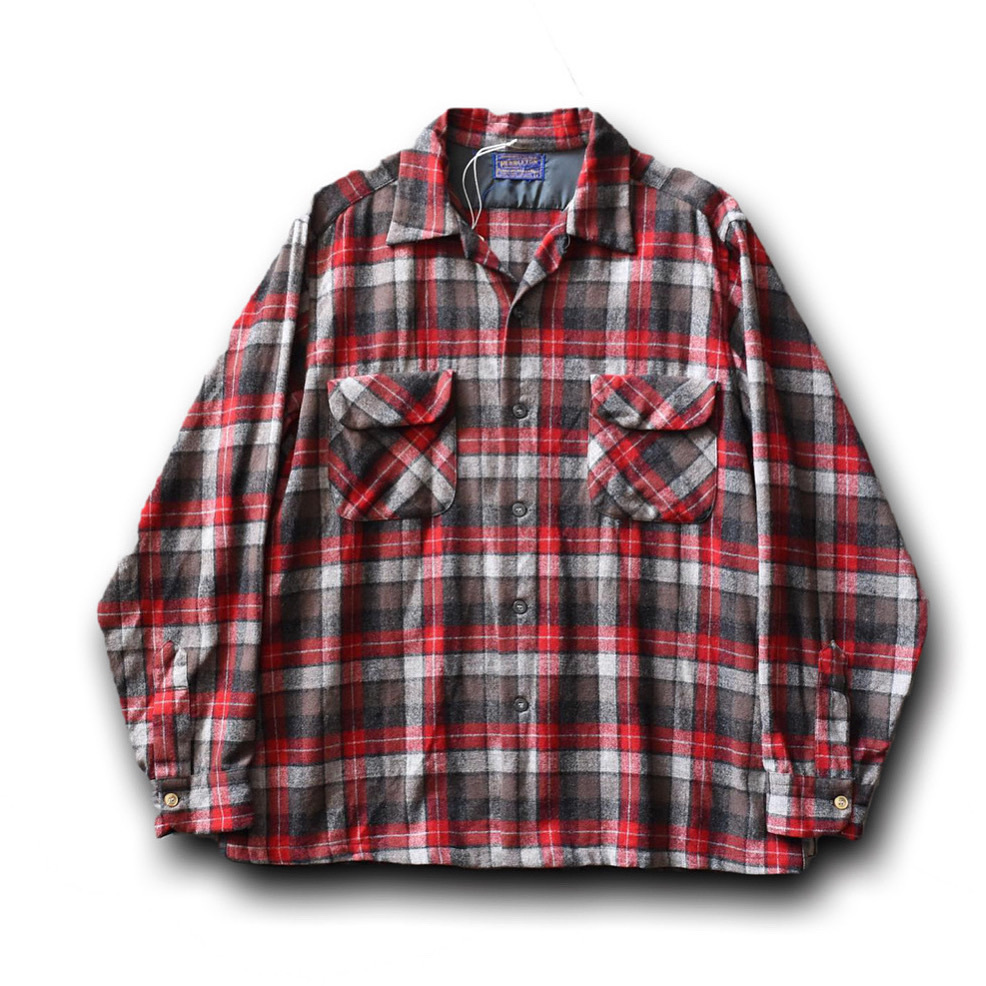 50s60s PENDLETON ボードシャツ 表記L 赤系(赤茶灰) / ビンテージ ペンドルトン オープンカラー ウールシャツ ロカビリー 古着 USA