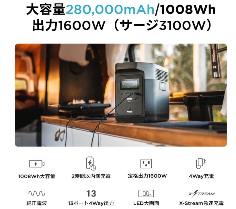 新品 EcoFlow エコフロー DELTA1000 急速充電 1600W ポータブル電源 大