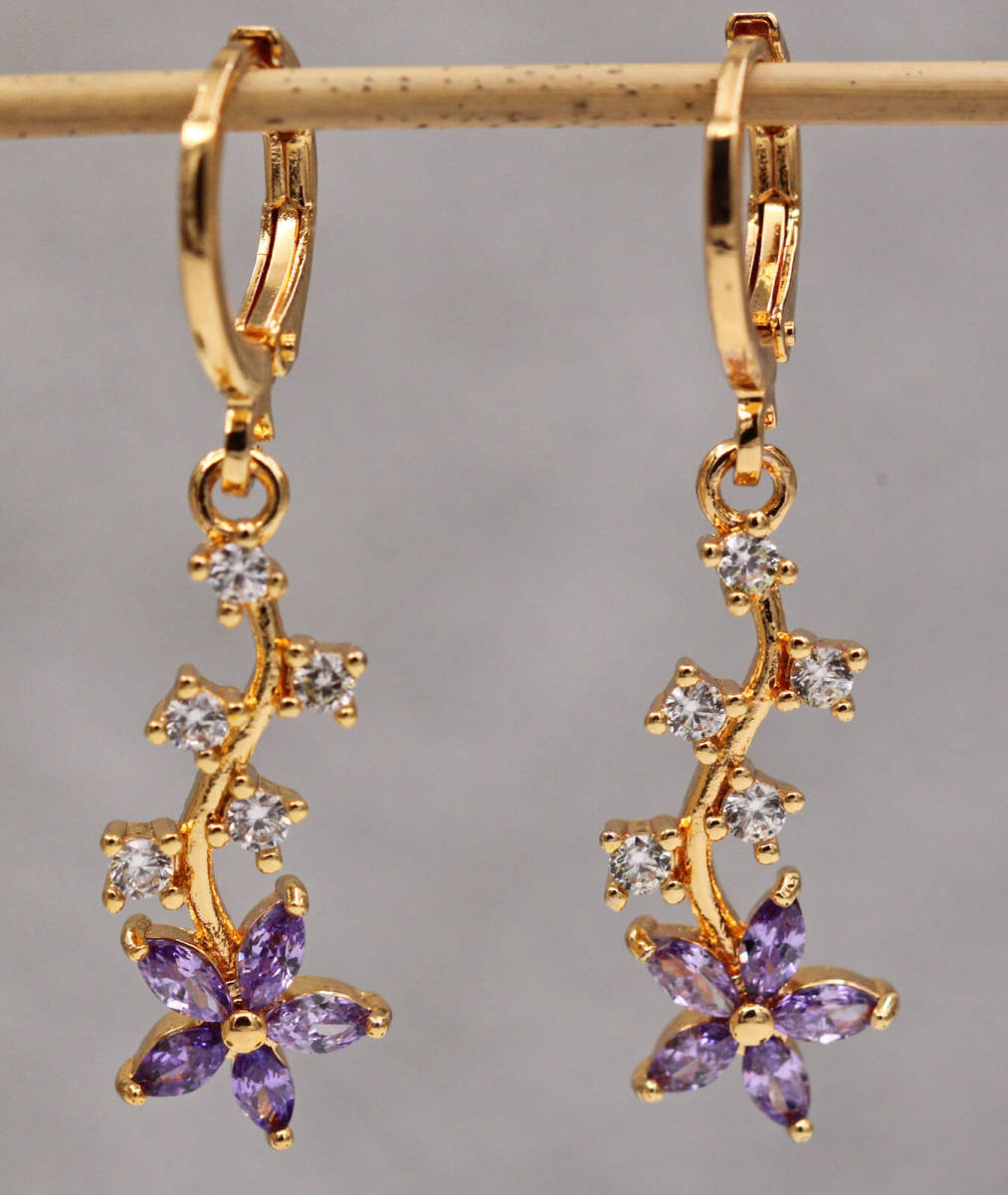 14 gold yellow gold Phil do amethyst flower design ring earrings FI *